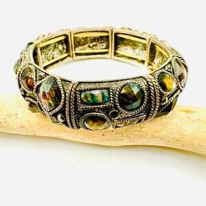 Vintage Style Stretch Bracelet Faceted Stones Antique Gold Tone Statement